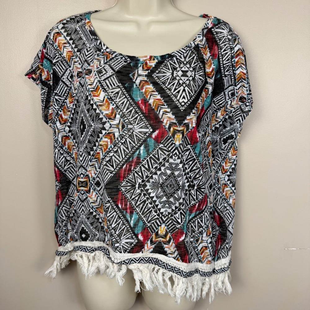 Cato Womens Large Geometric Tribal Print Fringe Hem Short Sleeve Top Blouse L